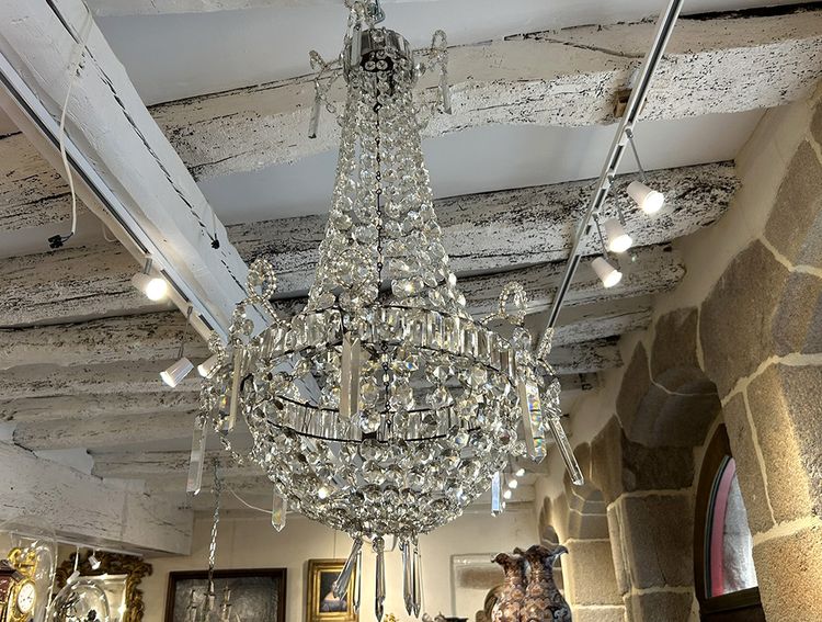 Lampadario Corbeille Cristal Taillé Pampilles Guirlandes XIXème Siècle