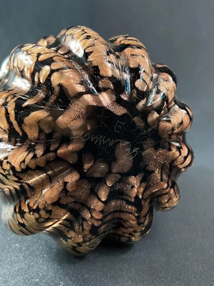 Signed Murano Venice crystal vase, gold inclusion on black background