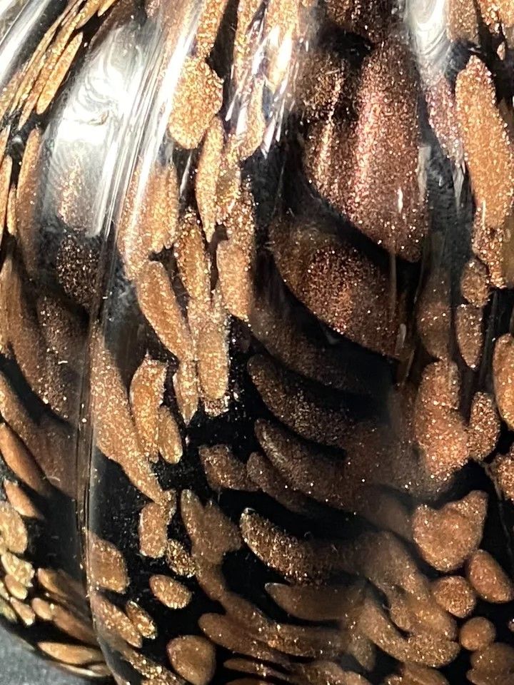 Signed Murano Venice crystal vase, gold inclusion on black background
