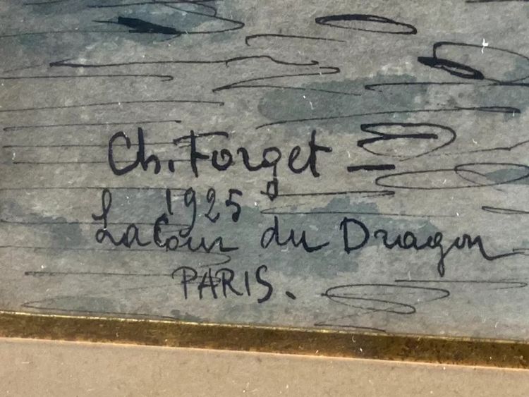 Aquarell signiert Charles Forget 1886-1960 La cour du dragon 1925 Paris VIe