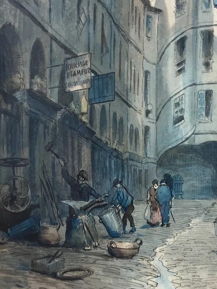 Aquarell signiert Charles Forget 1886-1960 La cour du dragon 1925 Paris VIe