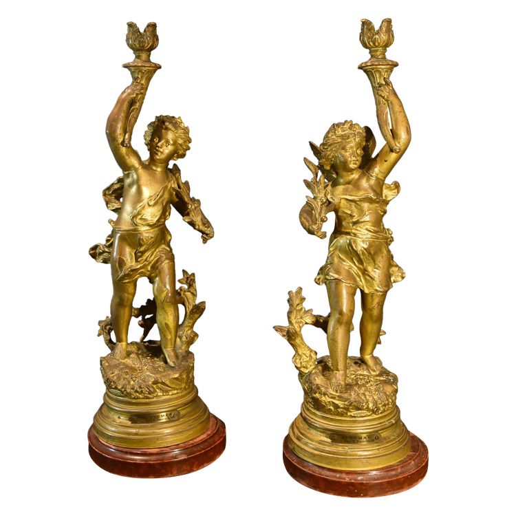 Paar Kerzenhalter Aus Bronze, Ernest Rancoulet (Bordeaux 1842 - 1905) Signatur