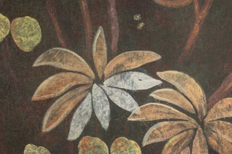 Bemaltes Leinwandbild mit Tieren vor einem exotischen Hintergrund. Zeitgenössisch. LS61291089I
