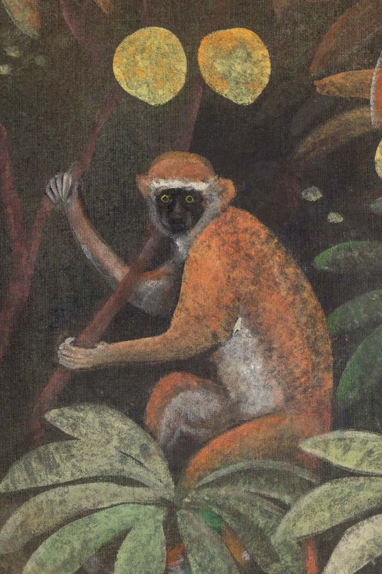 Bemaltes Leinwandbild mit Tieren vor einem exotischen Hintergrund. Zeitgenössisch. LS61291089I