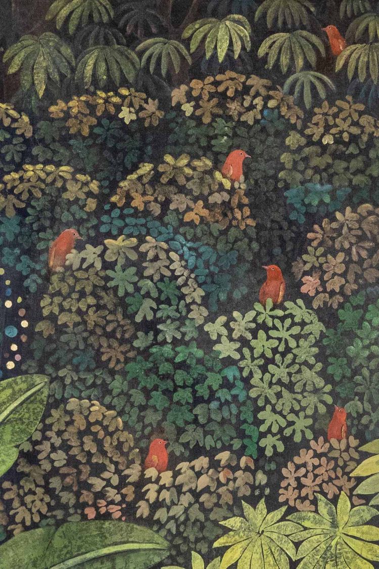 Bemaltes Leinwandbild mit der Darstellung von Vögeln in der Savanne. Zeitgenössisch. LS61301089I