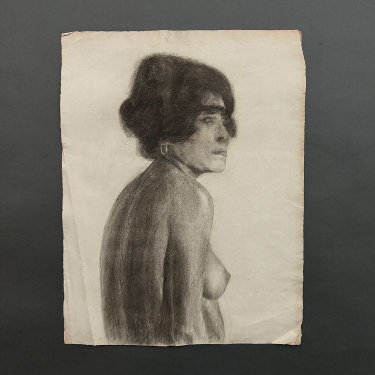 Fusain dessin des Beaux-Arts buste de femme nue par Berger-Lheureux