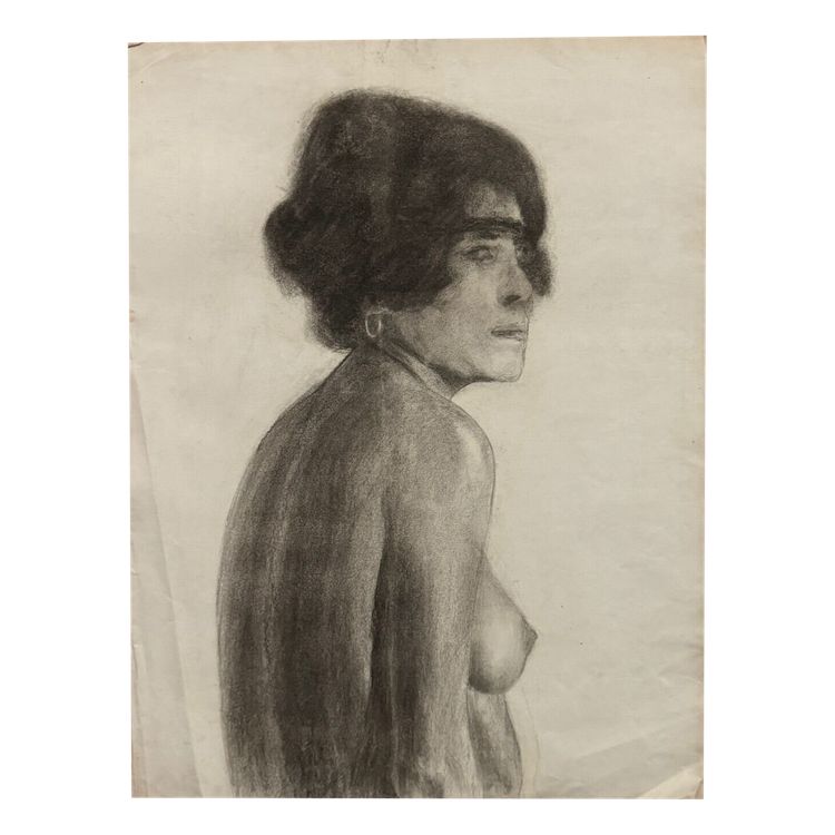 Fusain dessin des Beaux-Arts buste de femme nue par Berger-Lheureux