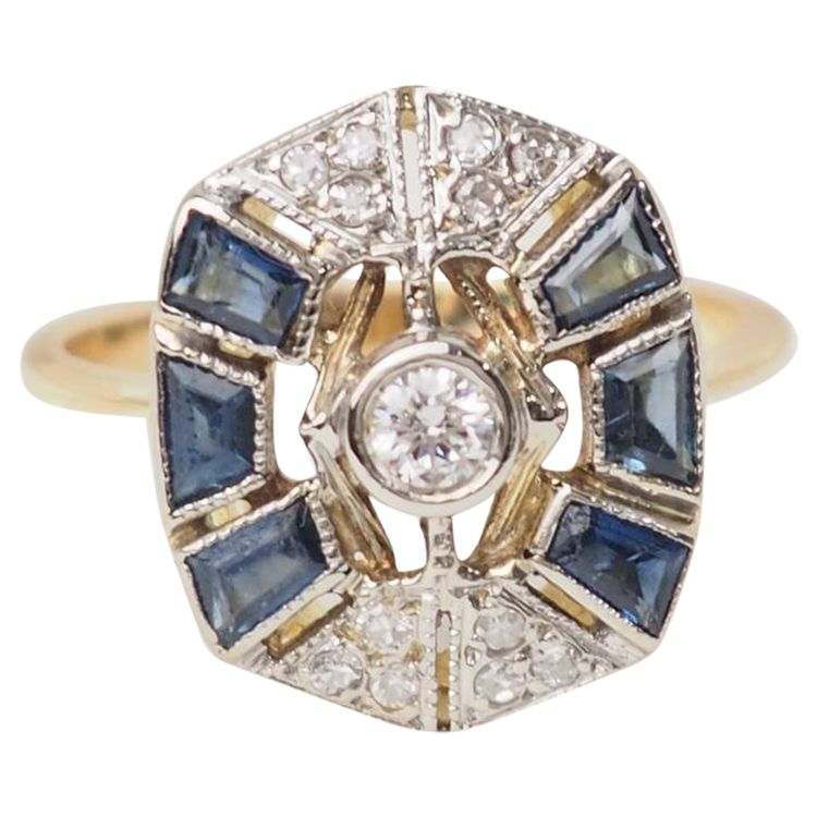 Bague ancienne en or jaune, saphirs et diamants
