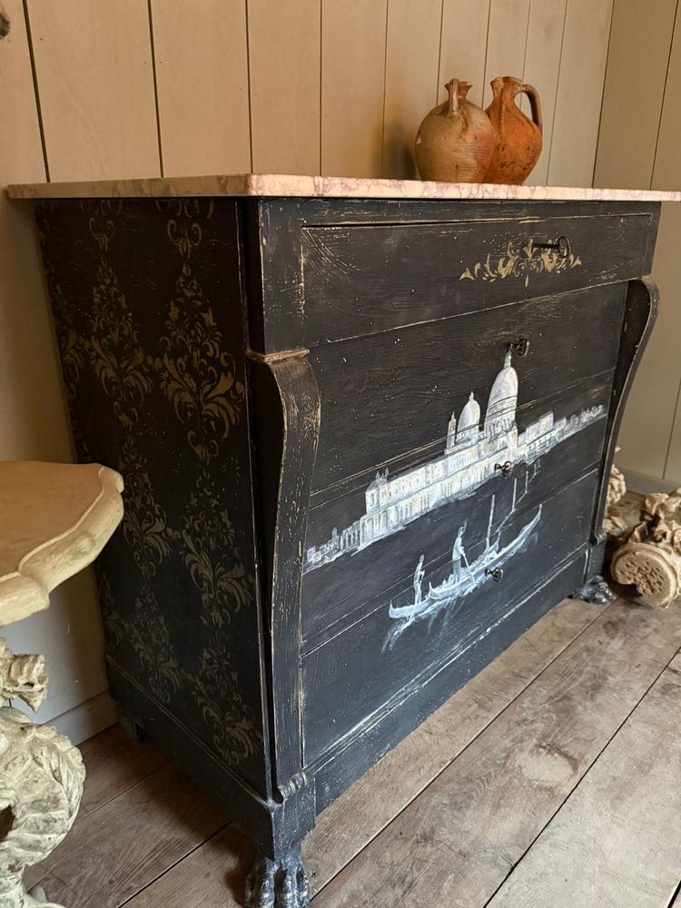 19th century Italian chest of drawers (view of Venice) repatinated with marble