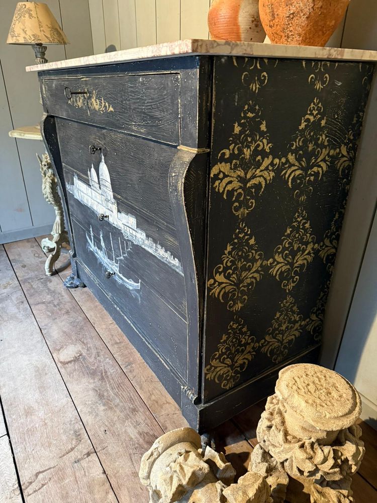 19th century Italian chest of drawers (view of Venice) repatinated with marble