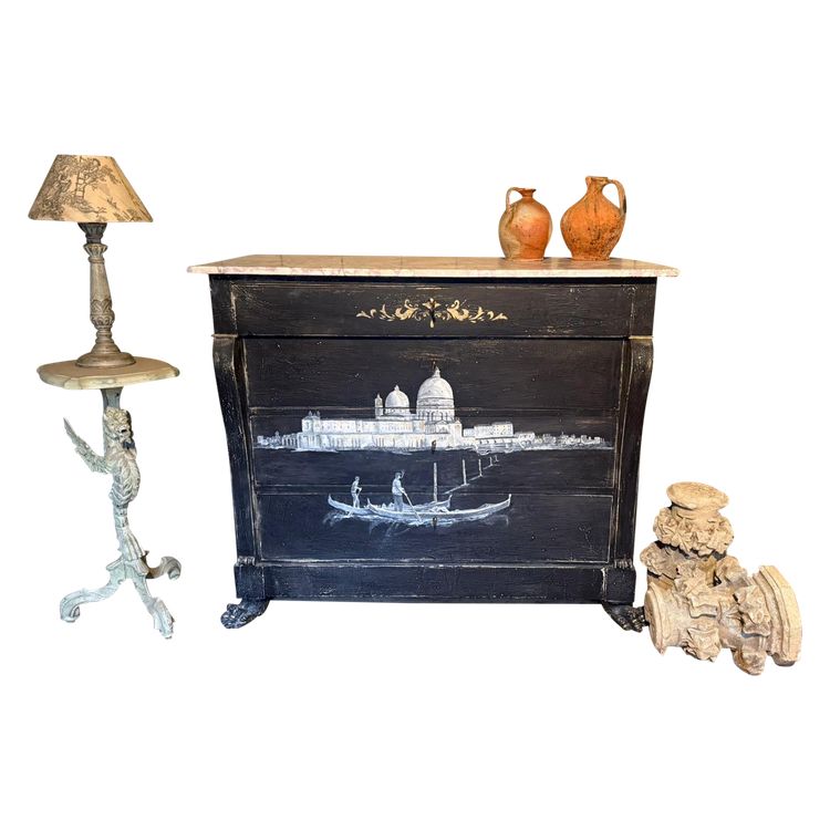 19th century Italian chest of drawers (view of Venice) repatinated with marble