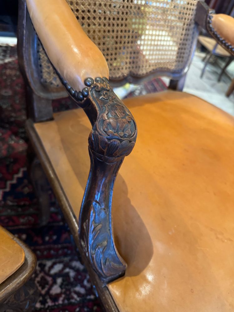 Coppia di poltrone di canna Luigi XV in noce