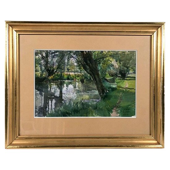 Paul Lippe (1866-1926). The Ouche under the willows, watercolor 1924