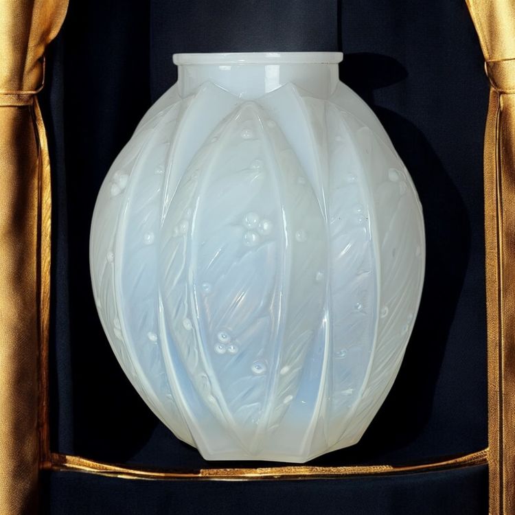 OPALESCENT GLASS VASE SIGNED VERLYS FROM THE 1930S WITH LAUREL DECOR