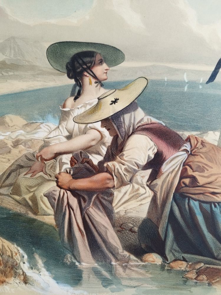  Italienische Frauen, alte Aquarell-Lithographie, 19. Jahrhundert