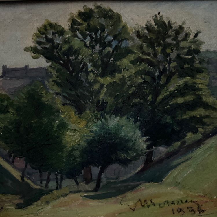 Olio su cartone di Mereau 1936 raffigurante un boschetto di alberi