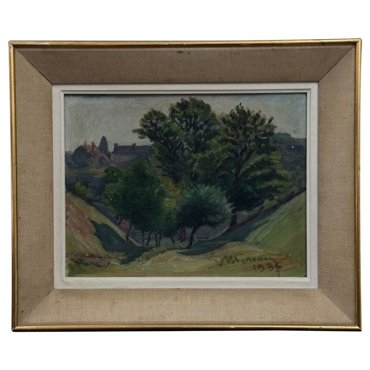 Olio su cartone di Mereau 1936 raffigurante un boschetto di alberi