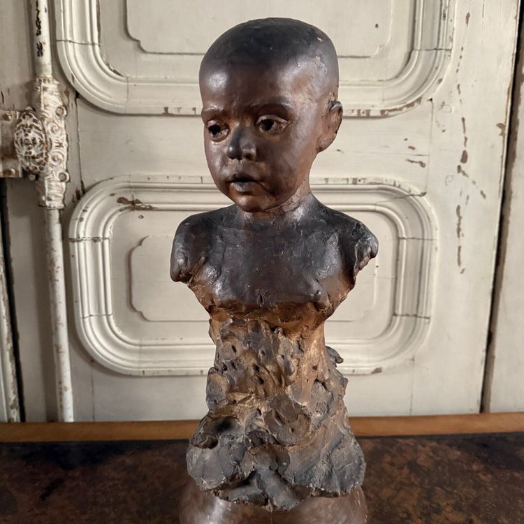 Scultura in terracotta Bambino dell'officina Charles Filleul in busto del XX secolo