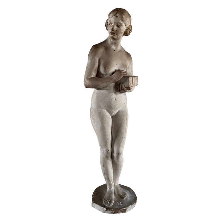 Statua in gesso da laboratorio di Charles Filleul soggetto femminile in scatola del XX secolo