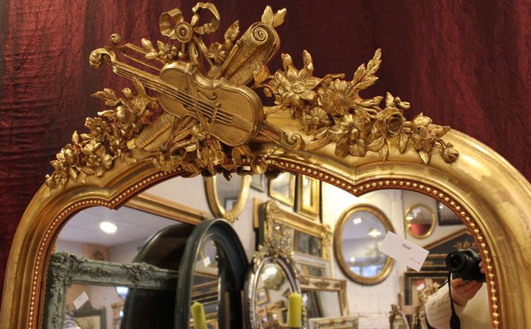 114 X 177 Cm Large Antique Mirror, Gold Leaf Gilding, Violin Decor, Musical Attributes