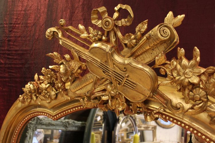 114 X 177 Cm Large Antique Mirror, Gold Leaf Gilding, Violin Decor, Musical Attributes