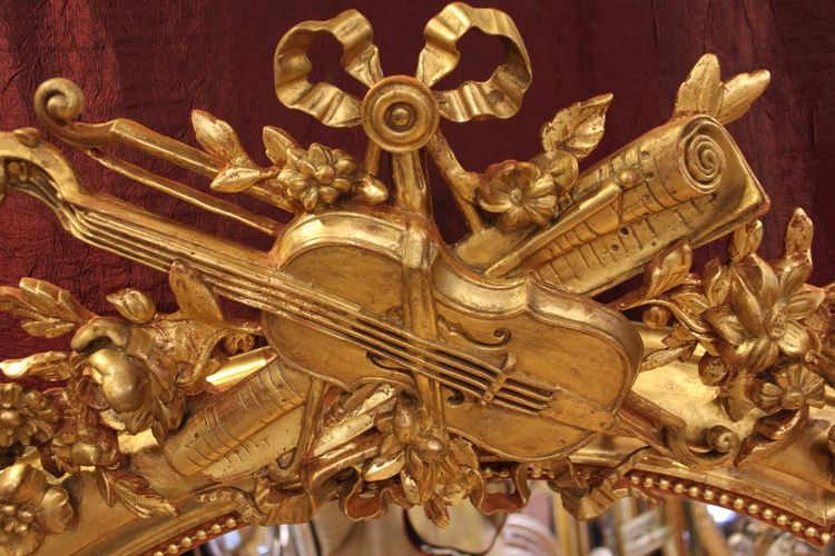 114 X 177 Cm Large Antique Mirror, Gold Leaf Gilding, Violin Decor, Musical Attributes