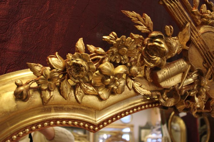 114 X 177 Cm Large Antique Mirror, Gold Leaf Gilding, Violin Decor, Musical Attributes