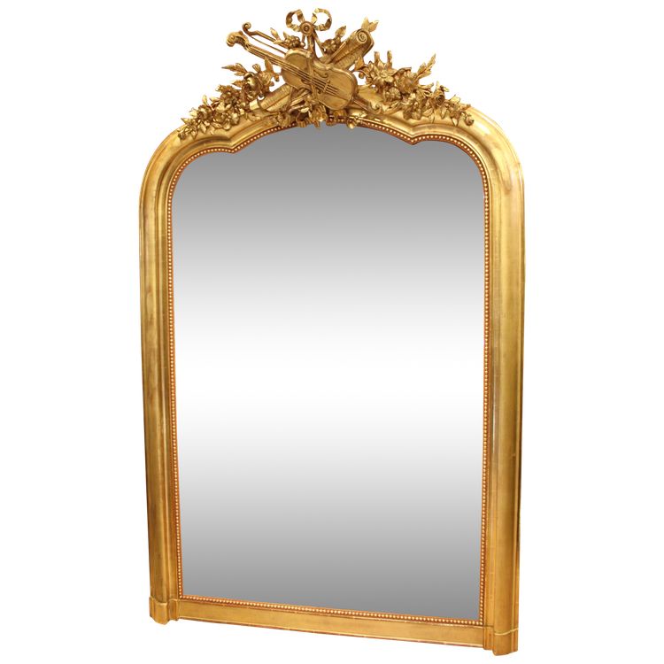 114 X 177 Cm Large Antique Mirror, Gold Leaf Gilding, Violin Decor, Musical Attributes