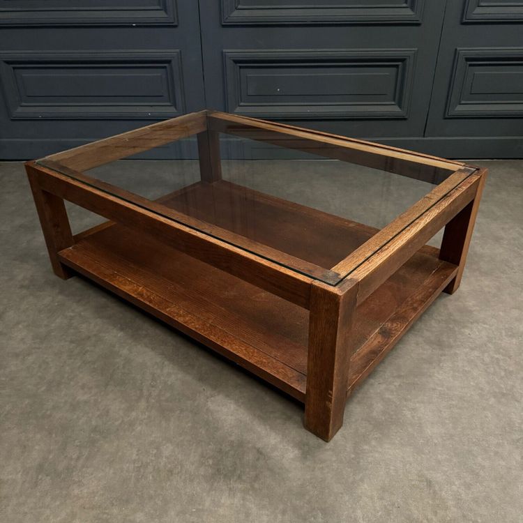 Table basse 1970 en chêne et plateau en verre travail français