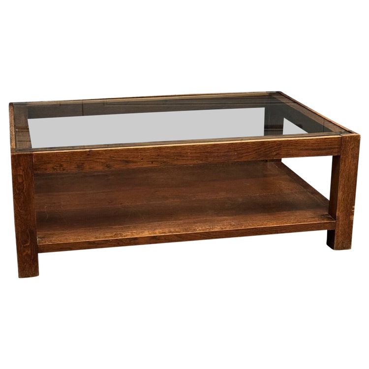 Table basse 1970 en chêne et plateau en verre travail français