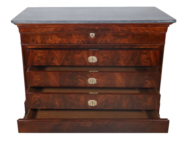 Restoration period flamed mahogany chest of drawers