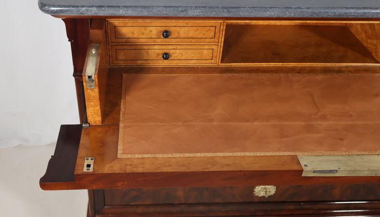 Restoration period flamed mahogany chest of drawers