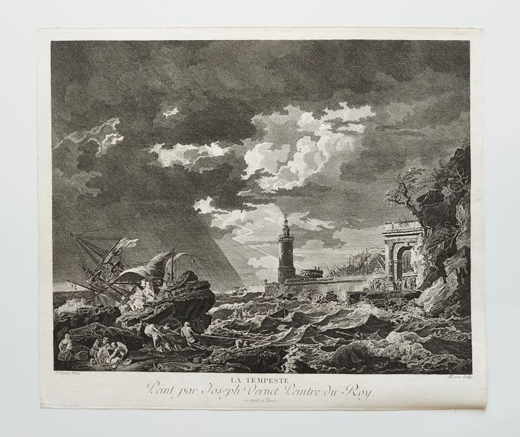 Etching Seascape Storm Tempest After Vernet  Engraving 18th Century Old Print