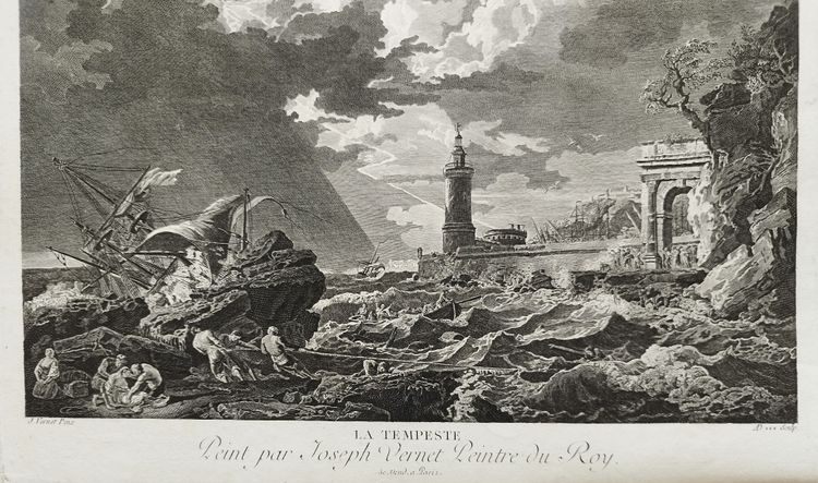 Etching Seascape Storm Tempest After Vernet  Engraving 18th Century Old Print