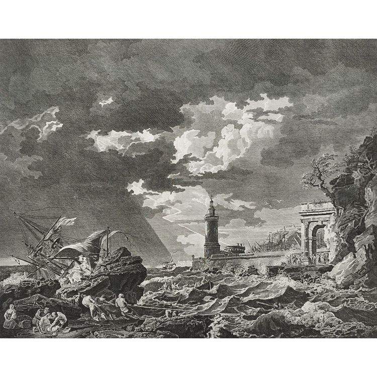 Etching Seascape Storm Tempest After Vernet  Engraving 18th Century Old Print