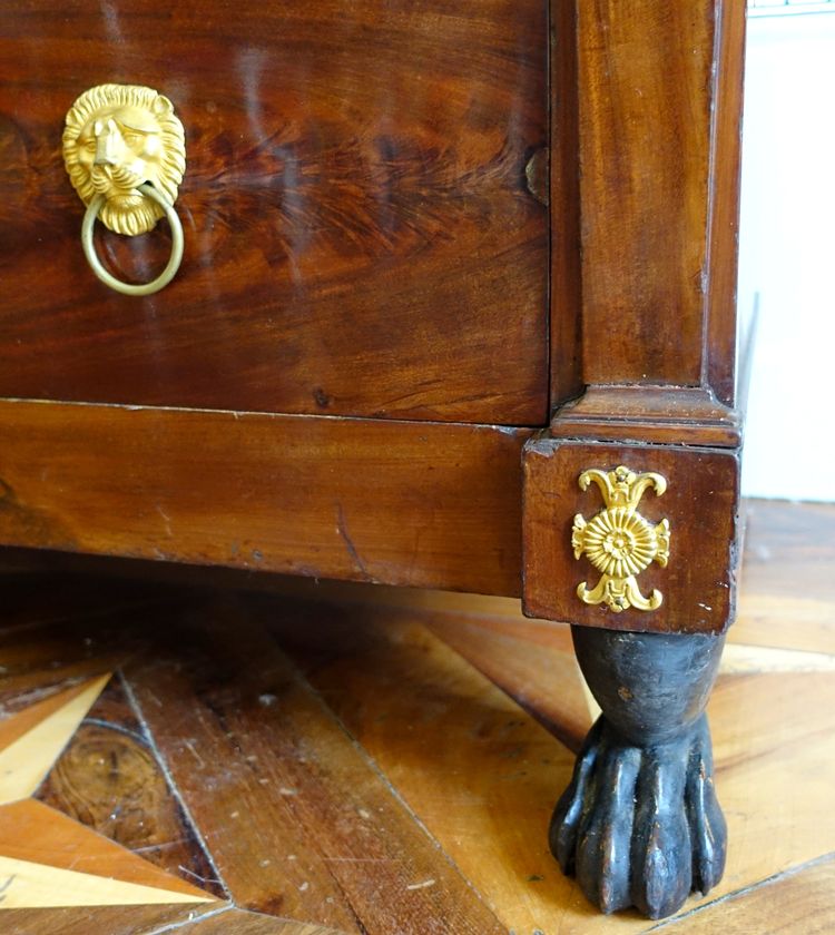 Consulat period mahogany chest of drawers, gilt bronze with mercury, cloverleaf lock & Turquin blue marble