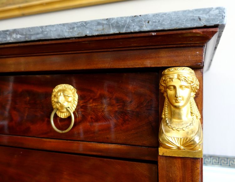 Consulat period mahogany chest of drawers, gilt bronze with mercury, cloverleaf lock & Turquin blue marble