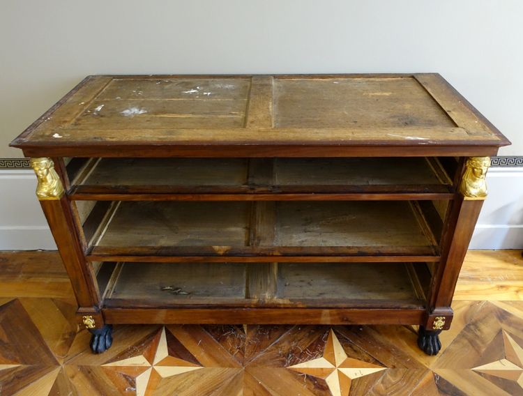 Consulat period mahogany chest of drawers, gilt bronze with mercury, cloverleaf lock & Turquin blue marble