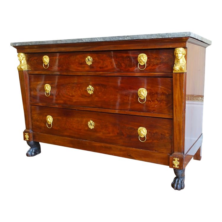 Consulat period mahogany chest of drawers, gilt bronze with mercury, cloverleaf lock & Turquin blue marble
