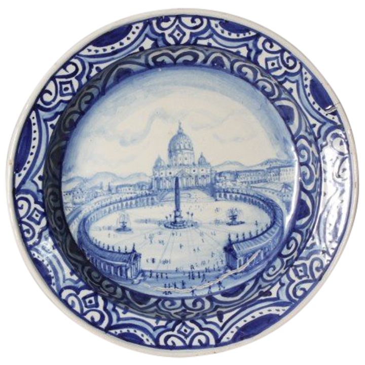 Antike große maiolica Platte 1915 Darstellung von Rom - Petersplatz. Maßnahme 45 Signiert und datiert auf