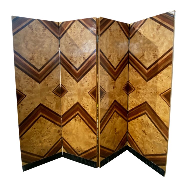 Paravento pieghevole a 4 pannelli Art Déco in legno impiallacciato 1930