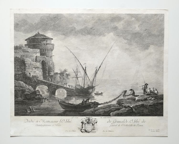 Marine Vue De Marseille Par Jacques Aliamet  d'Après Vernet Gravure Ancienne 18ème