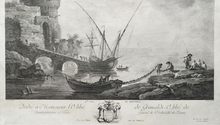 Marine Vue De Marseille Par Jacques Aliamet  d'Après Vernet Gravure Ancienne 18ème