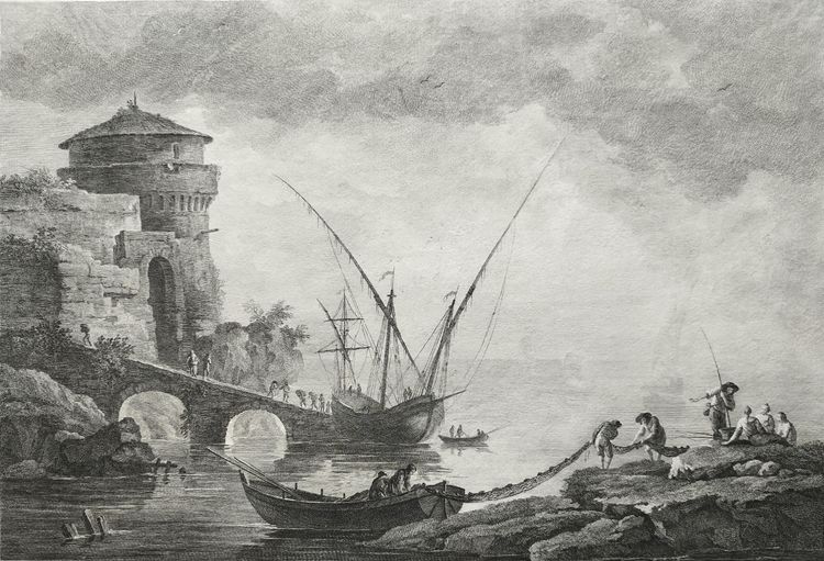 Marine Vue De Marseille Par Jacques Aliamet  d'Après Vernet Gravure Ancienne 18ème