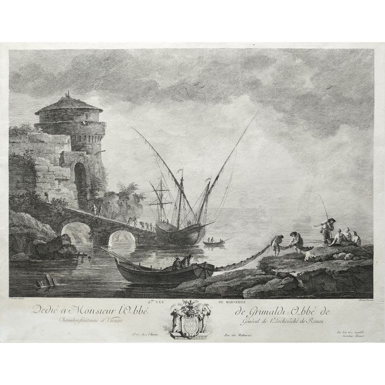 Marine Vue De Marseille Par Jacques Aliamet  d'Après Vernet Gravure Ancienne 18ème