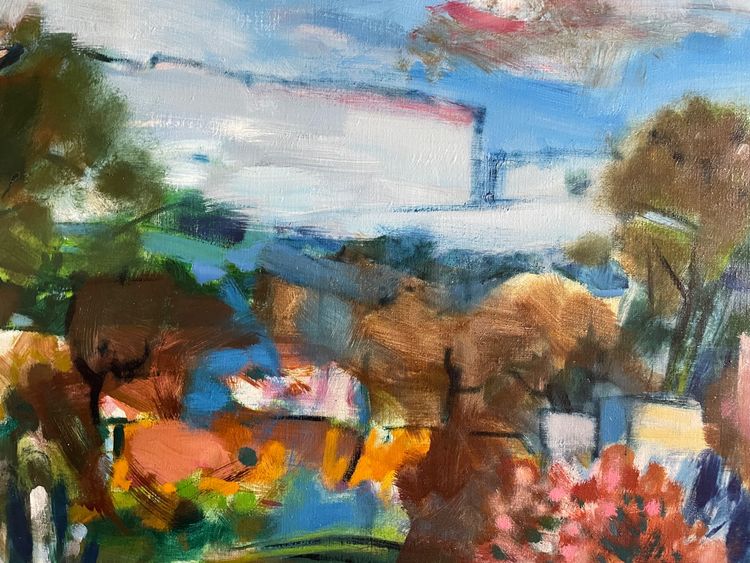 peinture tableau XX,  intitulé  le "Jardin" signé Serge Tillou (1928) nature colorée