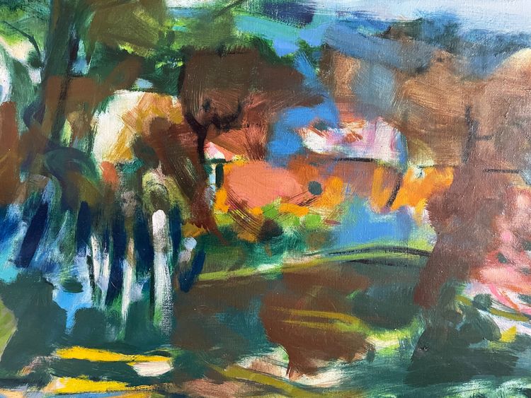 peinture tableau XX,  intitulé  le "Jardin" signé Serge Tillou (1928) nature colorée