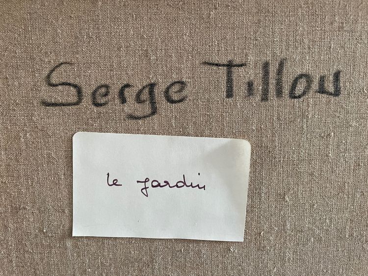 peinture tableau XX,  intitulé  le "Jardin" signé Serge Tillou (1928) nature colorée