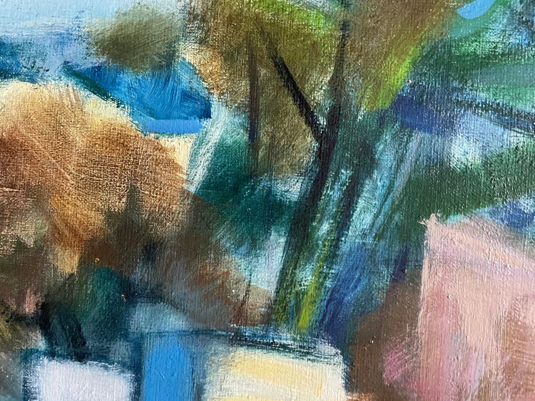 peinture tableau XX,  intitulé  le "Jardin" signé Serge Tillou (1928) nature colorée