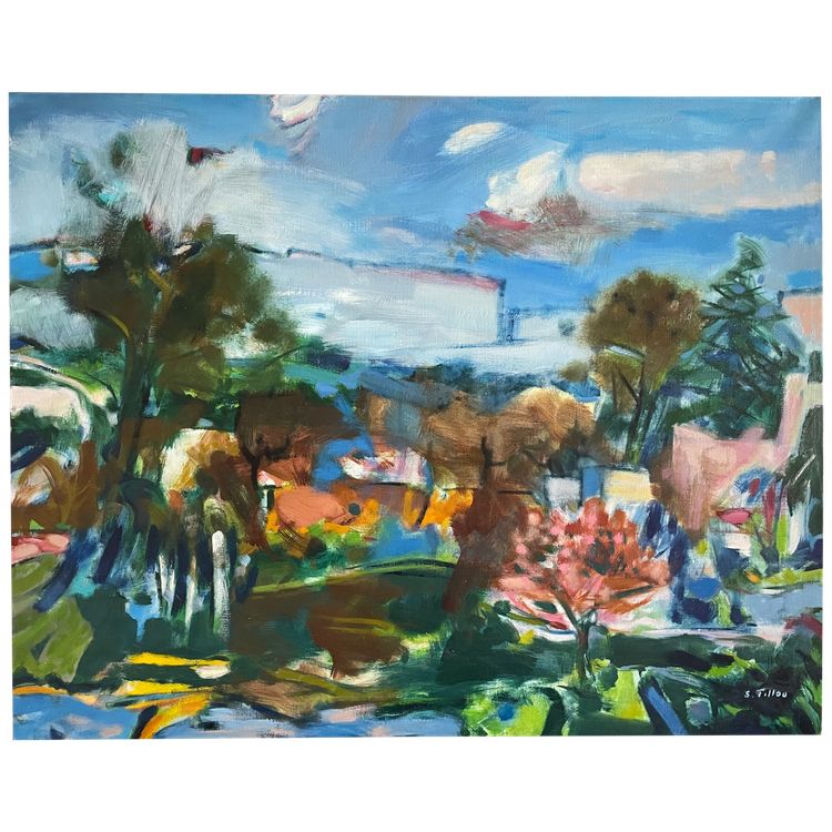 peinture tableau XX,  intitulé  le "Jardin" signé Serge Tillou (1928) nature colorée